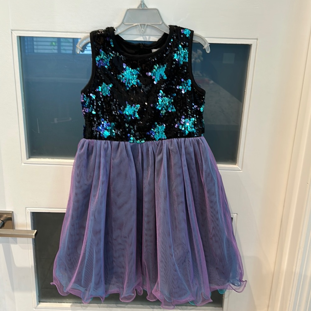 New no tags-Girls Little Angels dress, flippable sequence stars, black purple, 5